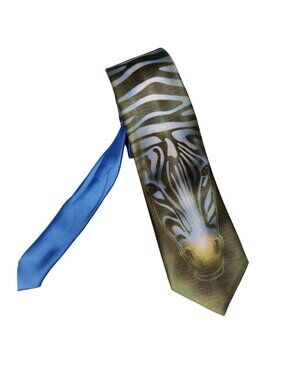 John Wang Zebra Face Novelty Neck Tie Blue Animal Print Safari Artwear Vintage